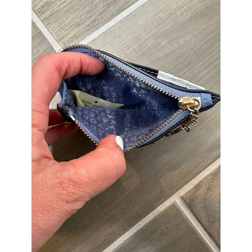 Kate Spade New York Blue Colorblock Saffiano Leather Card Holder Keychain Zipper